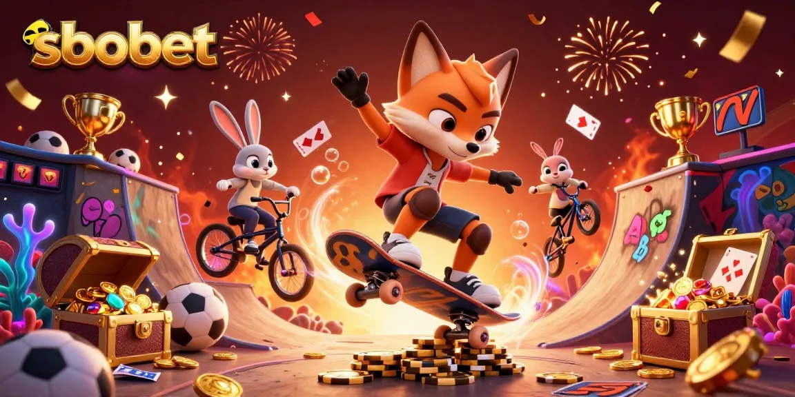 Engage with sbobet sports betting as a fox skater performs tricks over poker chips alongside a rabbit in an energetic casino scene.