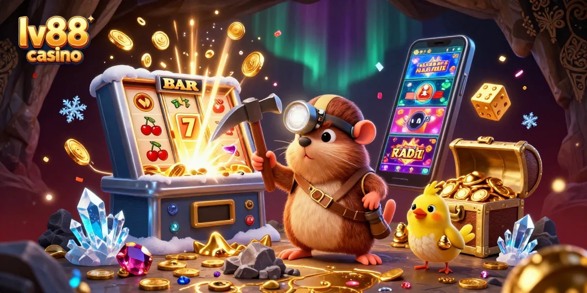 Experience winning moments at lv88 casino with vibrant 3D illustration of a treasure hunter and dazzling gaming elements.