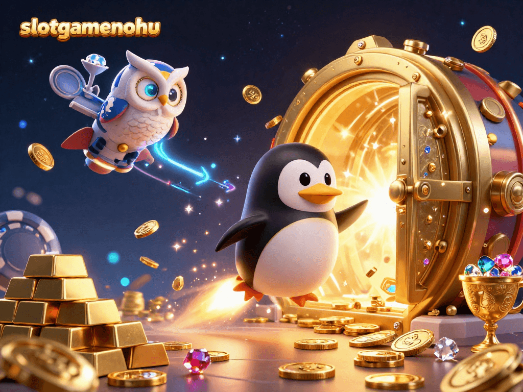Engage with slotgamenohu as a golden penguin takes flight towards a dazzling casino space!