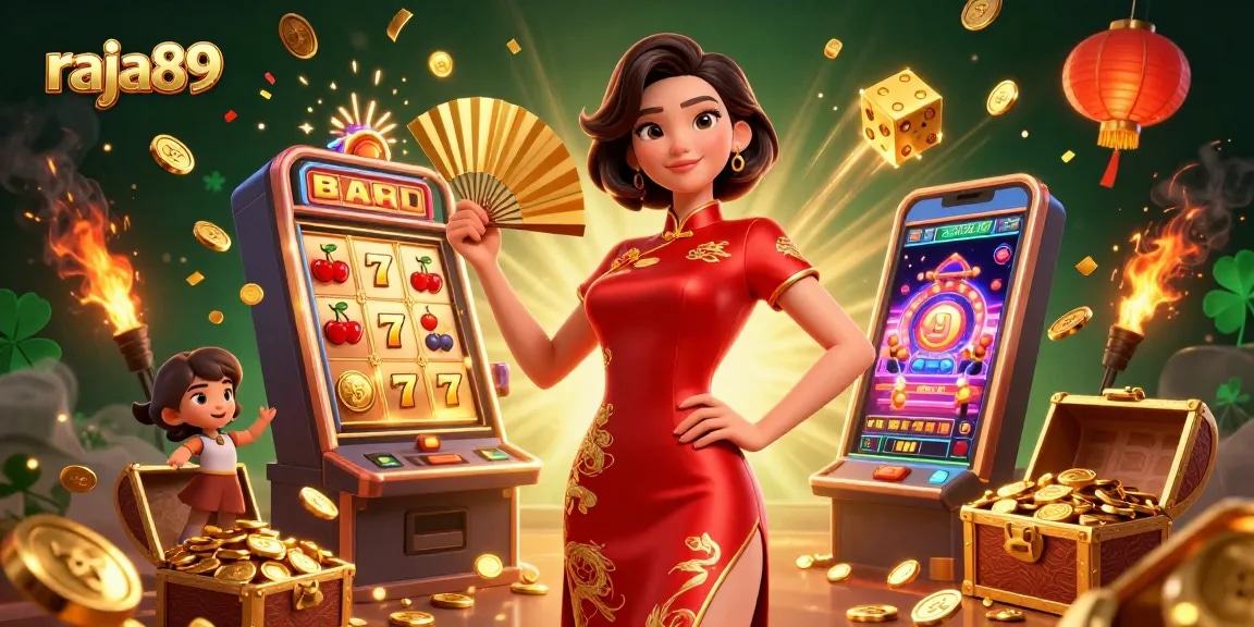 Engage with raja89's vibrant 3D illustration showcasing dynamic casino elements and an elegant character.