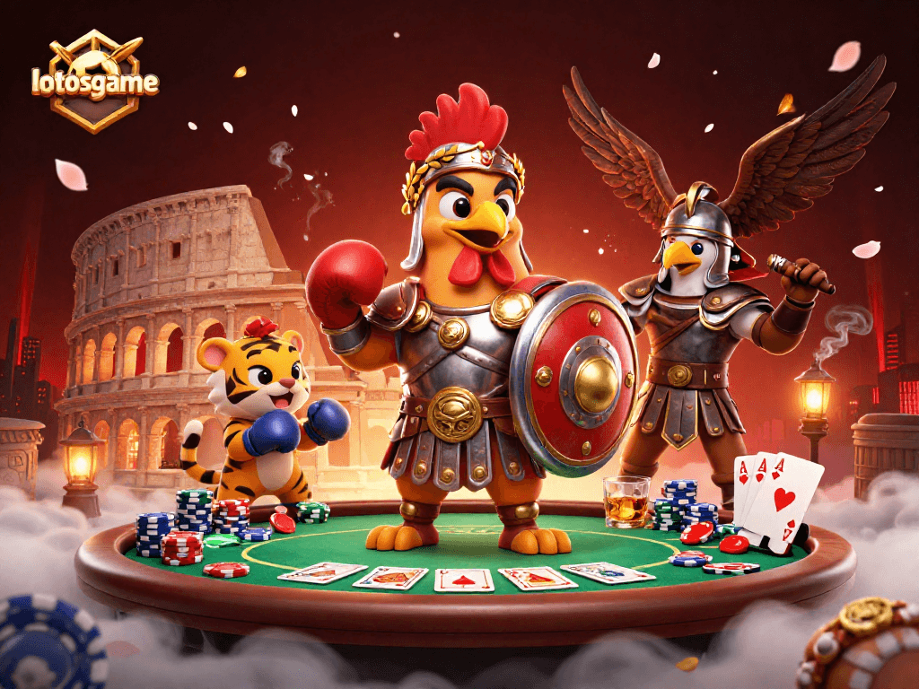 Engage in thrilling bets with lotosgame amidst a vibrant casino scene featuring a gladiator rooster