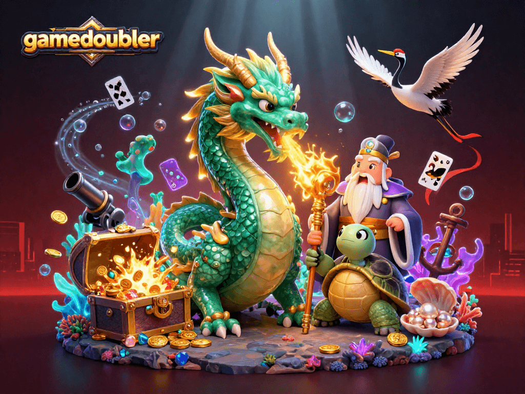Experience gamedoubler magic with vibrant dragons, treasure, and lucky cranes in this dynamic casino scene.