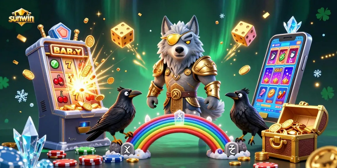 Win big with sunwin's vibrant casino scene featuring Odin and his ravens amidst jackpot celebrations.