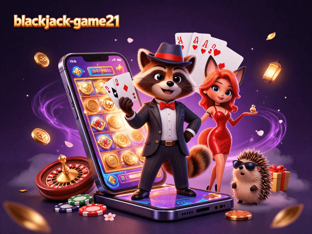 Experience excitement with blackjack-game21 in a dazzling casino scene featuring a suave raccoon and vibrant characters.