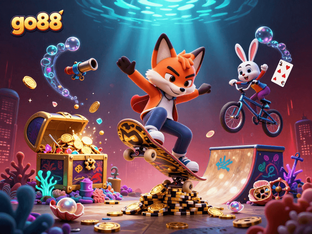 Enjoy the vibrant go88 action with a fox and rabbit in a lively casino scene.