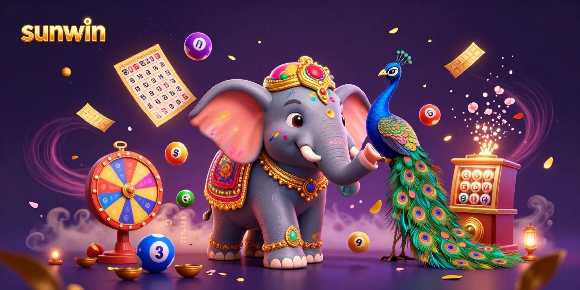 Experience sunwin's thrilling lottery with colorful balls, banners, and the festive elephant illustration.
