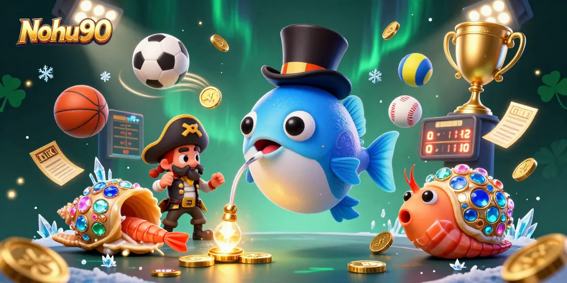 Nohu90 engages players with vibrant online gaming featuring glowing coins, sports balls, and dynamic characters.