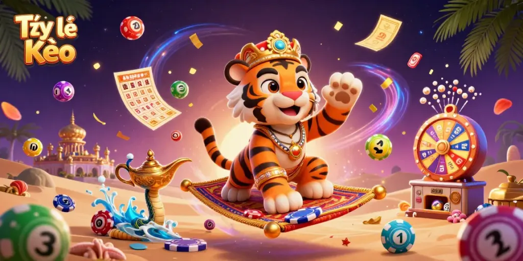 Engage with Tỷ Lệ Kèo in this vibrant casino scene featuring sports betting excitement and magical elements.