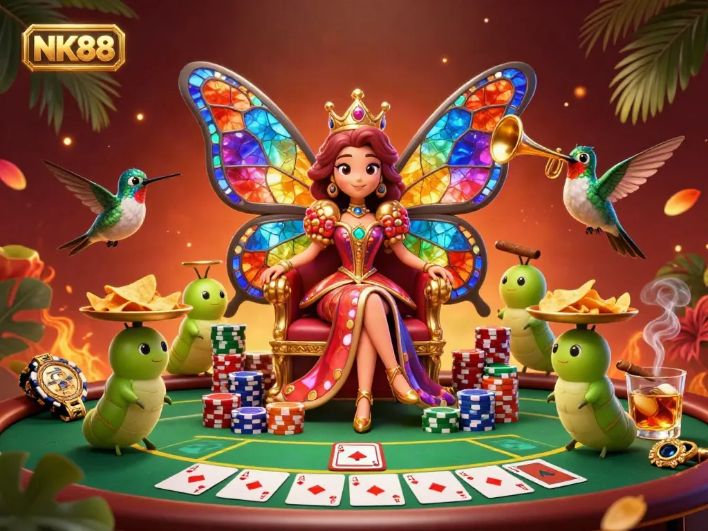 Experience the excitement of NK88 with a vibrant 3D casino scene featuring a butterfly queen and poker elements.