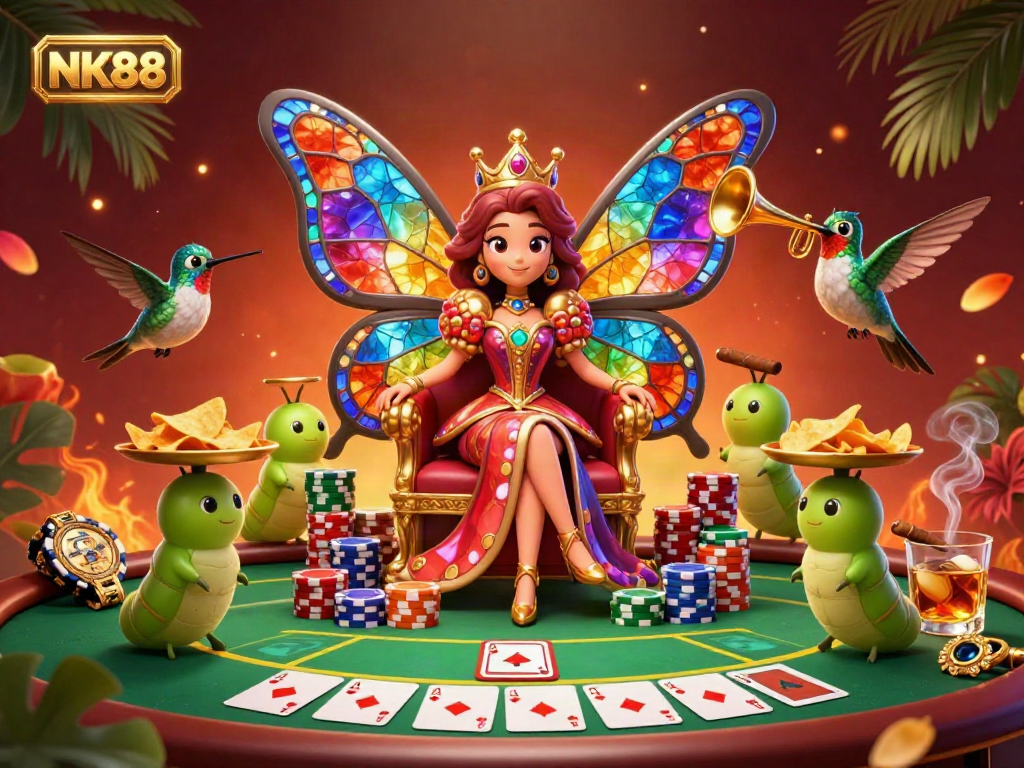 Experience the excitement of NK88 with a vibrant 3D casino scene featuring a butterfly queen and poker elements.