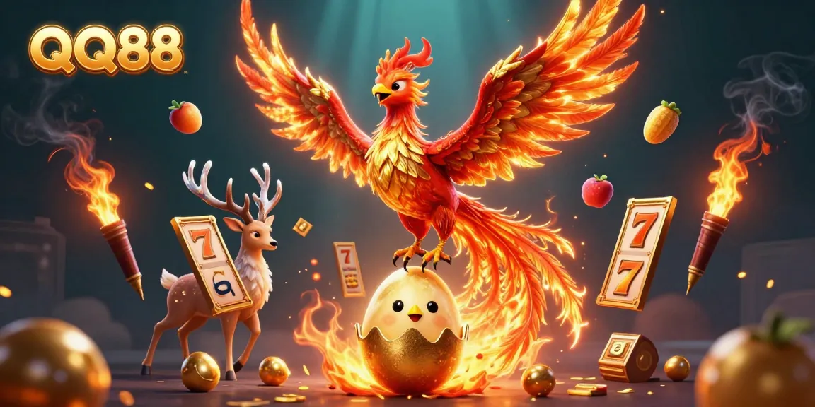 Engage in thrilling gameplay at QQ88 with an action-packed illustration featuring a phoenix and vibrant slot elements.