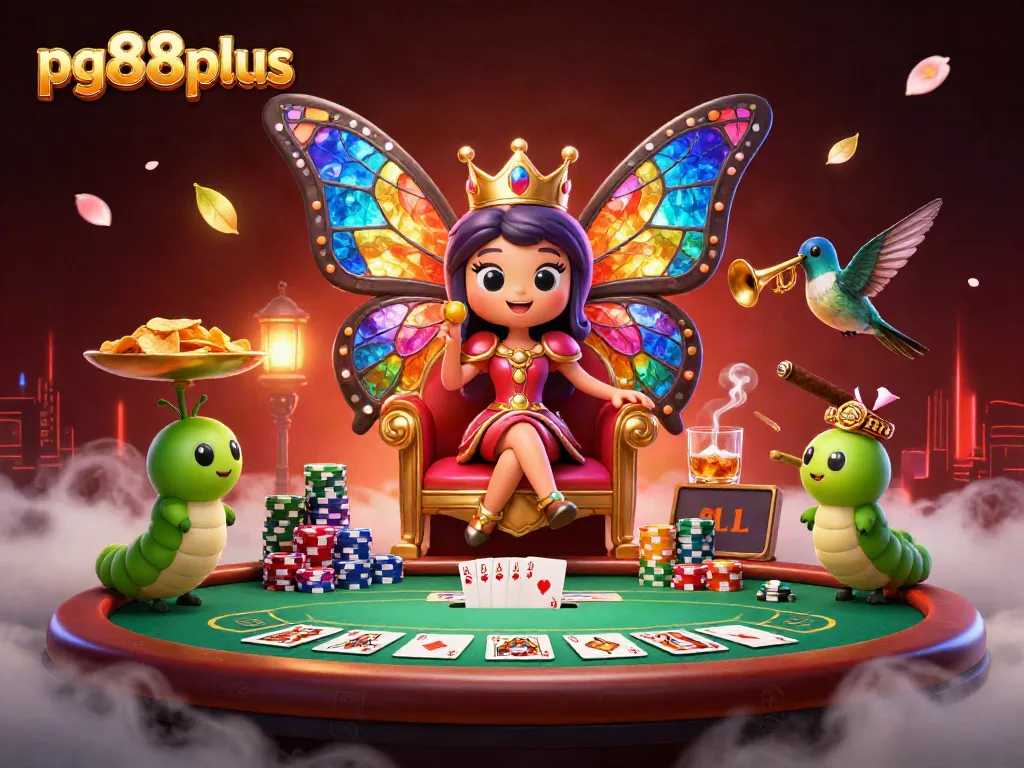 Experience vibrant gaming action with pg88plus featuring a butterfly queen, poker excitement, and rich casino elements.