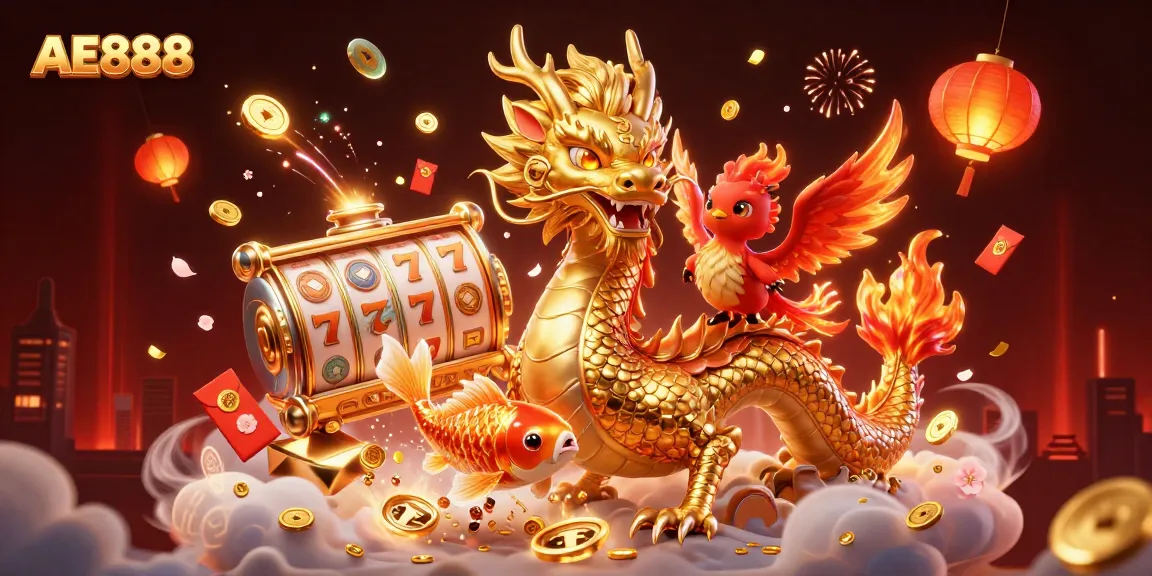 Experience the thrill of AE888 with a vibrant illustration featuring a golden dragon, phoenix, and lucky coins.