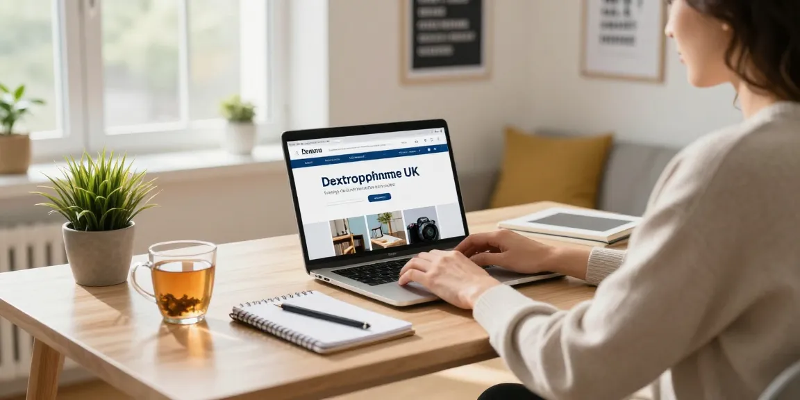 Buy Dextroamphetamine UK displayed on a modern home office laptop, emphasizing focus and productivity.