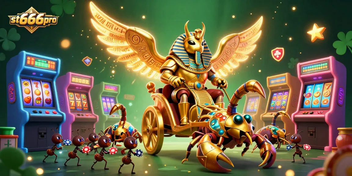 Engage in high-stakes play with st666pro's vibrant casino gaming scene featuring slots, 3D characters, and sparkling details.