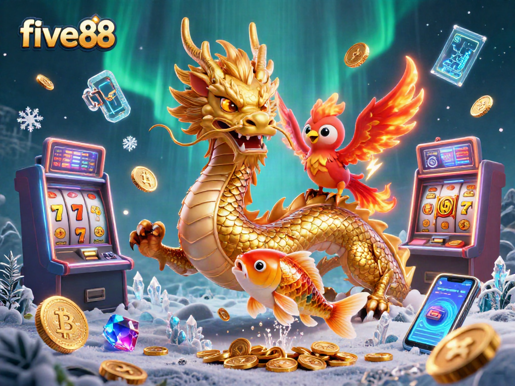 Experience thrilling gameplay with five88's vibrant casino scene featuring a fierce dragon, phoenix, and koi.