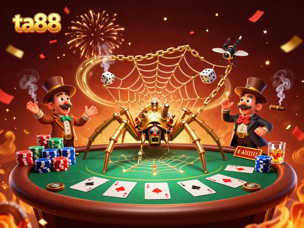 Play poker and win big at ta88, featuring a steampunk spider and poker elements in an exciting illustration.