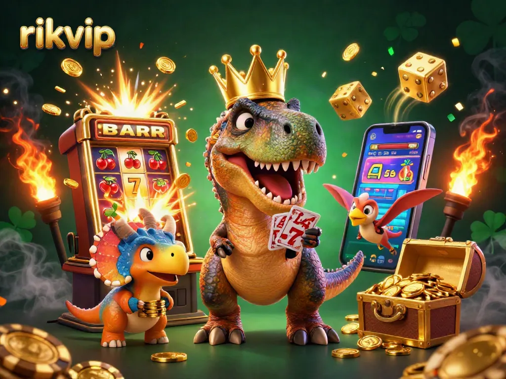 Experience exciting gaming at rikvip with a 3D cartoon T-Rex dealing cards amidst jackpots.