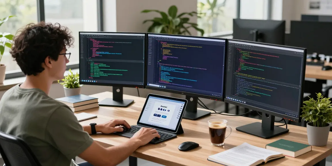Build internal tools with AI in a modern workspace featuring multiple monitors, coffee, and a developing environment.