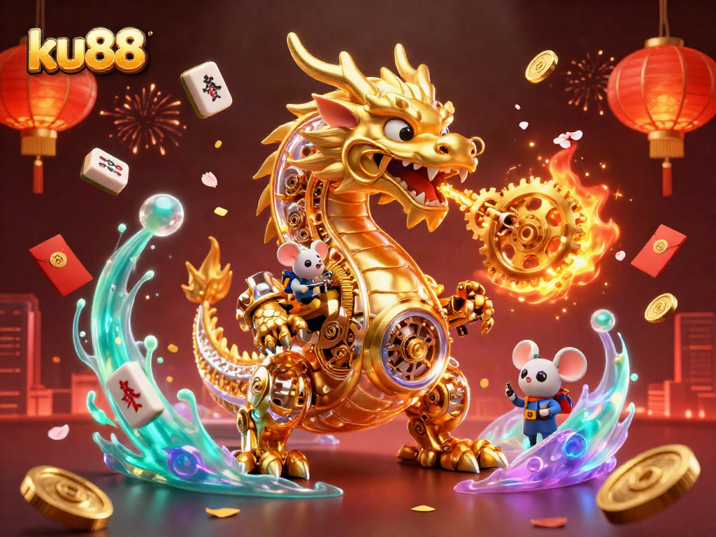 Experience dynamic gaming adventure with ku88 featuring a golden dragon and vibrant casino elements.