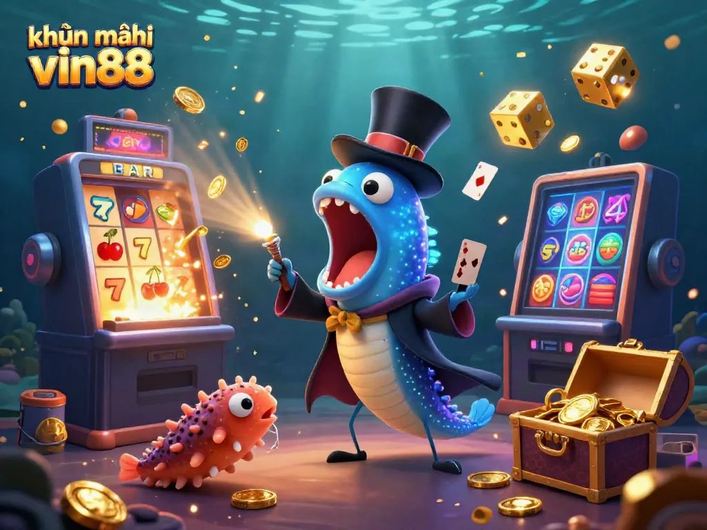 Experience khuyến mãi vin88 as a magic show unfolds underwater with vibrant characters and casino elements.