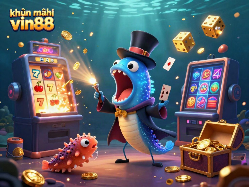 Experience khuyến mãi vin88 as a magic show unfolds underwater with vibrant characters and casino elements.