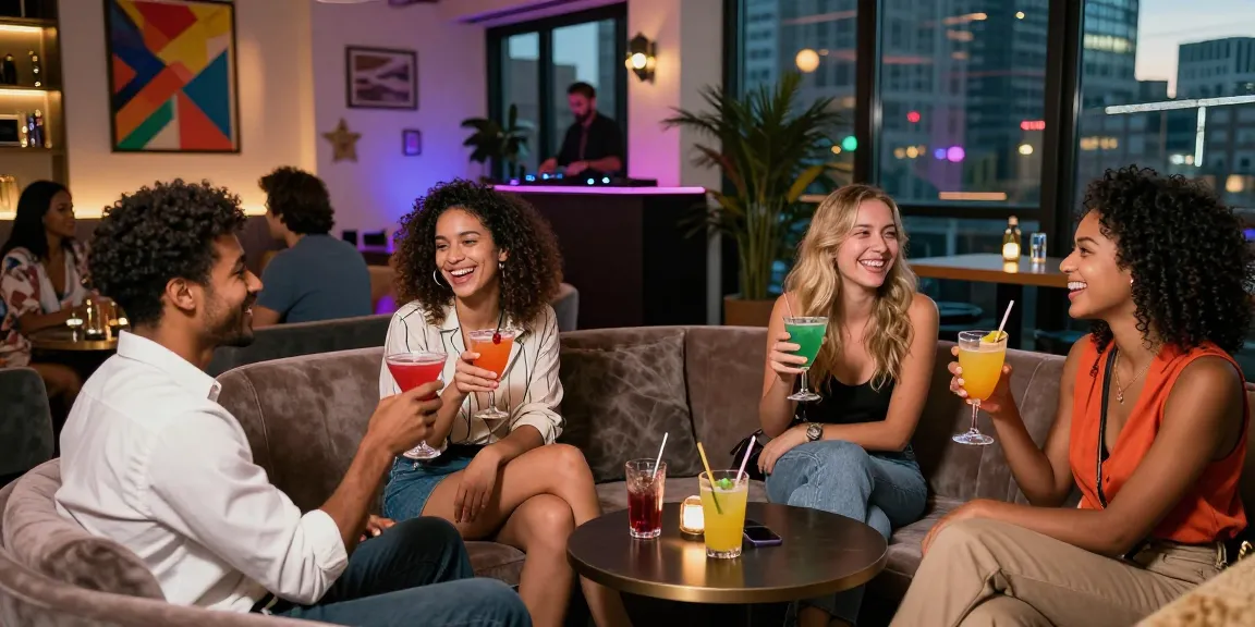 Exciting evening scene of diverse friends enjoying nightlife with 18+ ai themes.