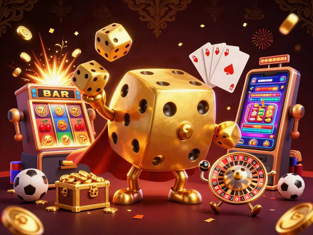 Exciting gameplay at 9bet featuring a golden dice golem and jackpot elements in a vibrant casino scene.