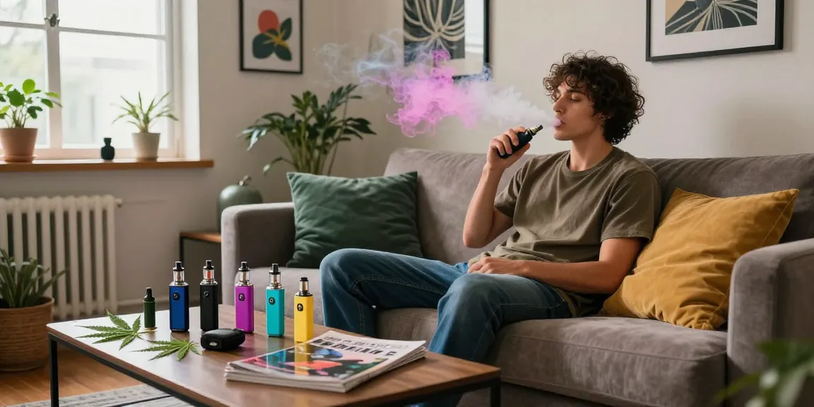 Relaxing with weed vapes in a modern urban apartment, showcasing lifestyle and enjoyment.