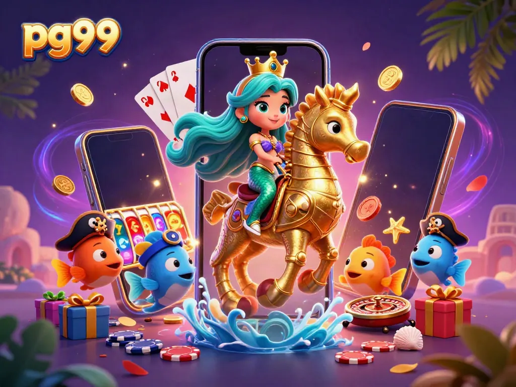 Experience exhilarating gaming at pg99 with a vibrant mermaid and seahorse amid sparkling casino elements.