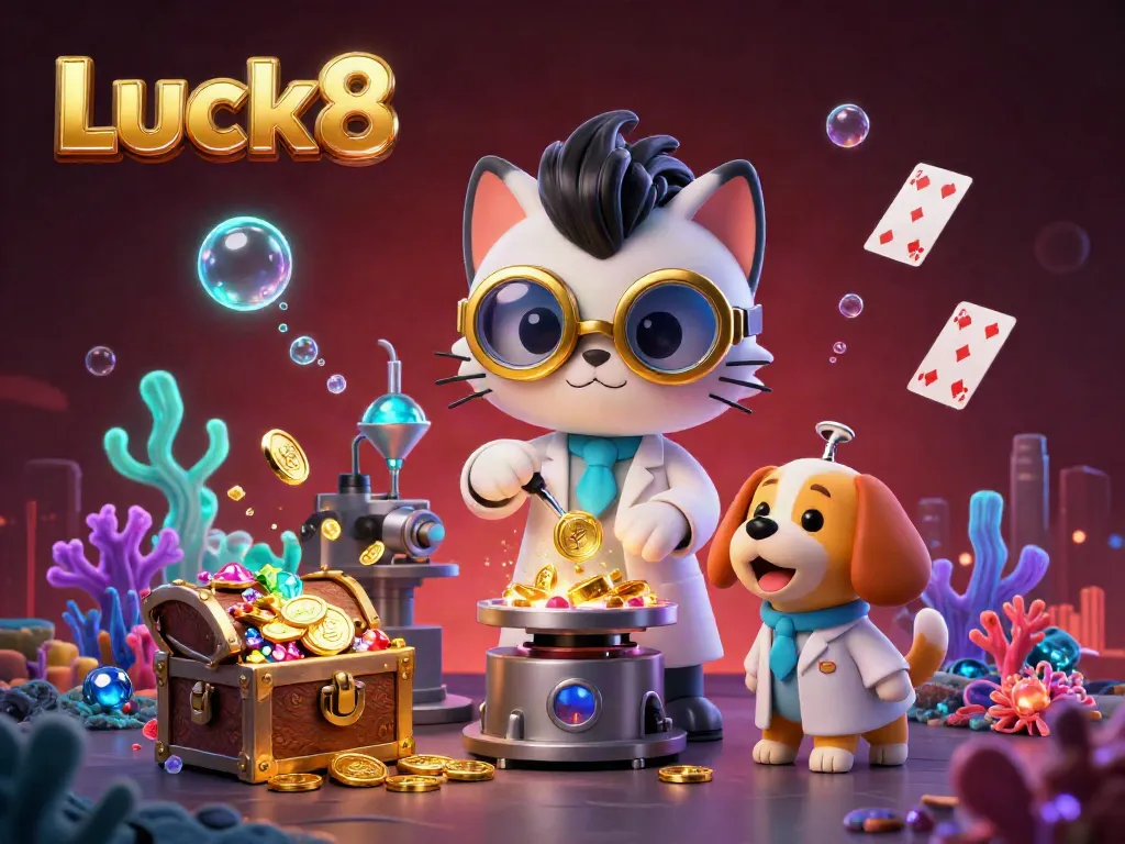 Explore the vibrant world of Luck8 with a mad scientist cat and dog creating wealth amidst dazzling gaming elements.