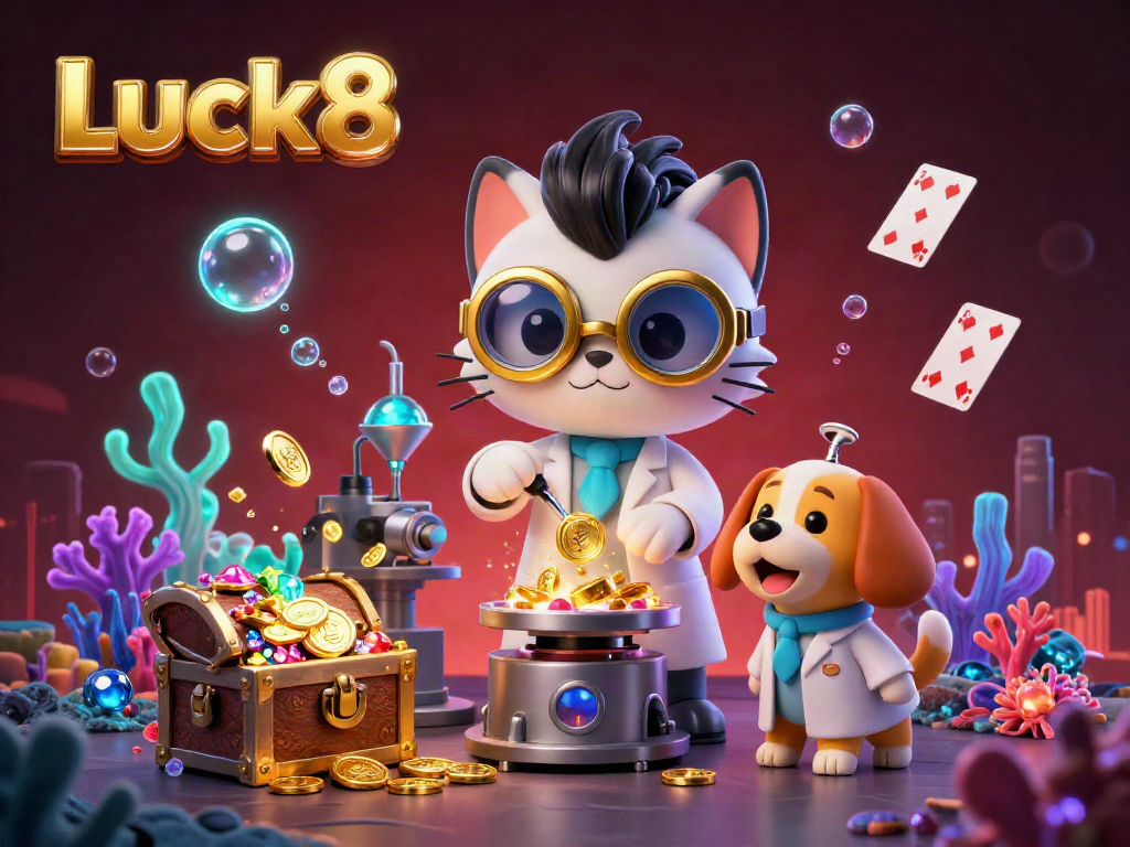 Explore the vibrant world of Luck8 with a mad scientist cat and dog creating wealth amidst dazzling gaming elements.