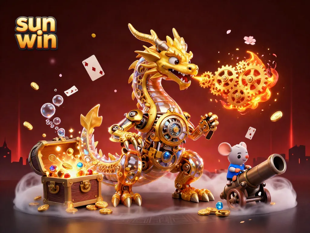 Experience thrilling gameplay at sun win with a golden dragon and treasure-filled underwater scene.