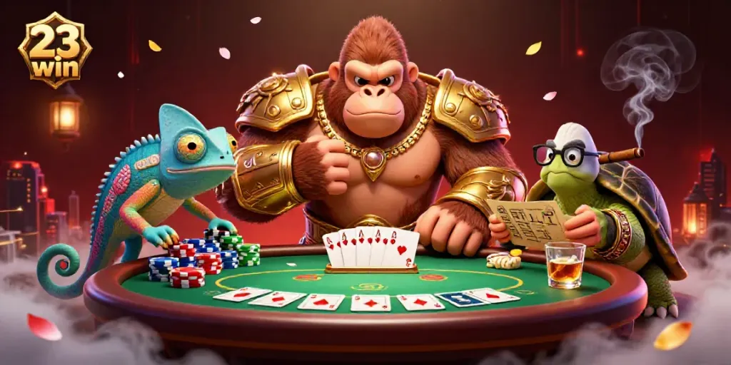Experience thrilling action with the 23 win gorilla king and chameleon spy at a vibrant poker table.