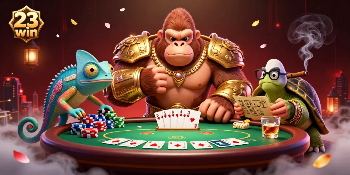 Experience thrilling action with the 23 win gorilla king and chameleon spy at a vibrant poker table.