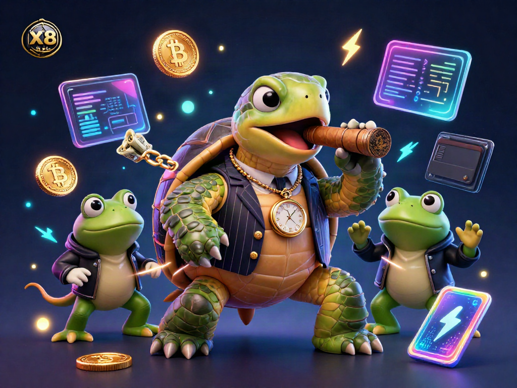 Experience the thrill of XX8 with a snap turtle in a mobster suit surrounded by neon digital elements.