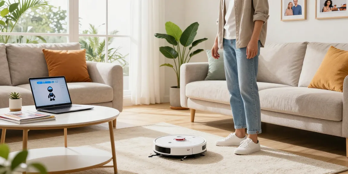 Innovative home setup with robot vacuum 2026 actively working on a stylish living room floor.