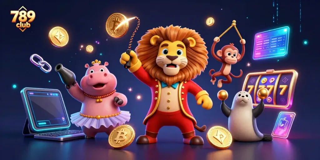 Experience the thrill of the 789 club with a vibrant circus-themed casino scene showcasing lively characters.