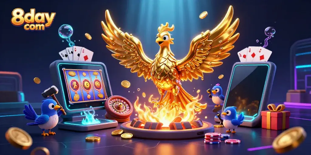 Experience the excitement of 8day com with vibrant casino action featuring a golden phoenix.