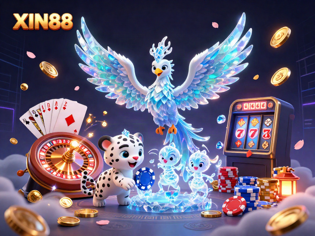 XIN88 illuminates vibrant gaming fun with a glowing ice phoenix and playful characters in an engaging casino scene.