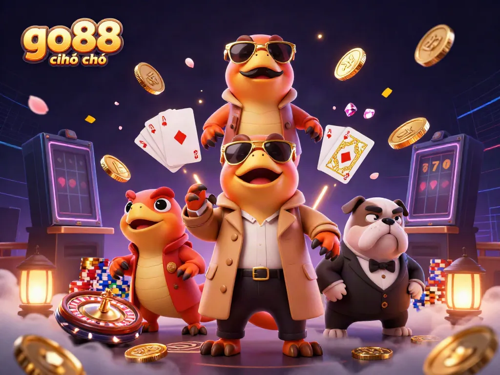 Experience the excitement of go88 chính chủ with playful raptors in a casino setting, surrounded by dazzling game elements.