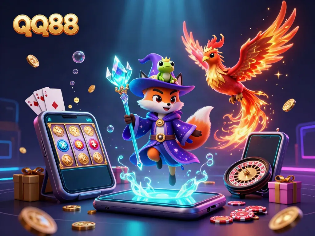 Experience the thrill of qq88 with a mystical wizard fox, phoenix, and enchanted frog, surrounded by vibrant casino games.