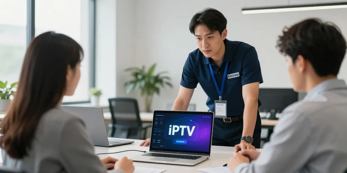 IPTV reseller panel in action at a local business office with professional support team assisting clients.
