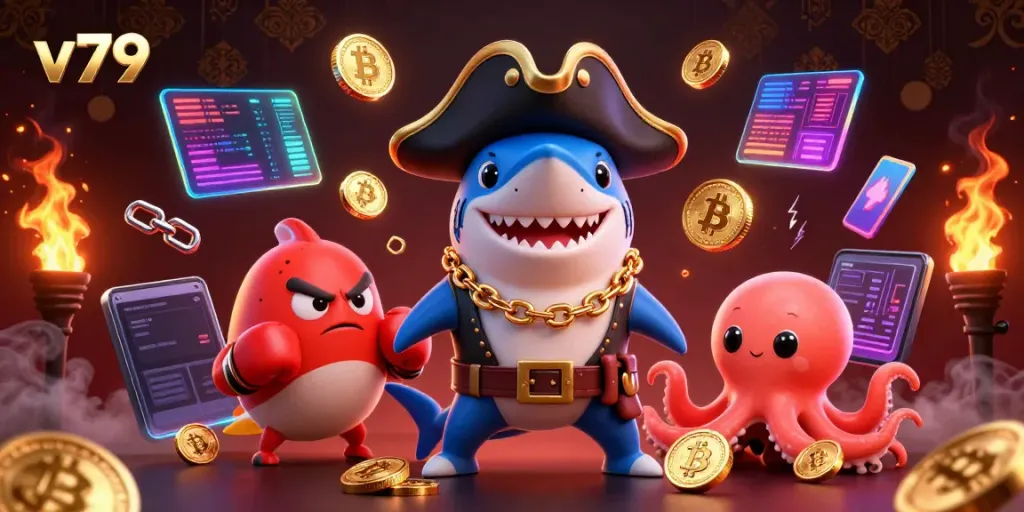 Engage with dynamic gameplay at v79 while surrounded by vibrant 3D casino characters and crypto elements.