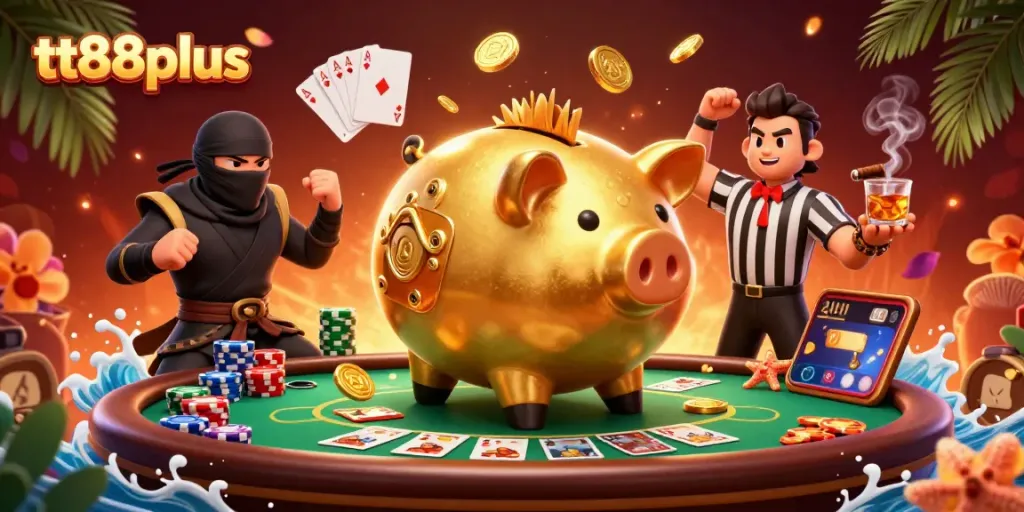 Experience the excitement of tt88plus with a dynamic 3D scene featuring unique casino characters and game elements.
