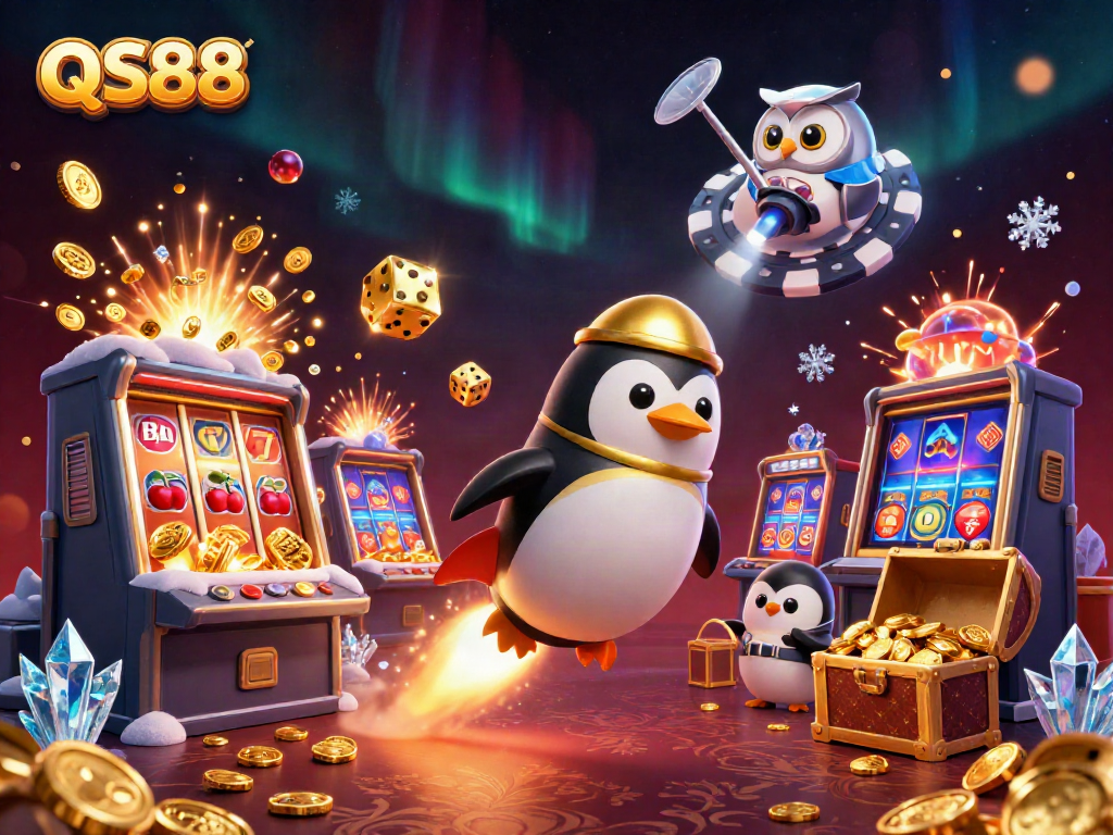 Experience thrilling gaming with QS88 as a rocket-powered penguin heads to a casino!