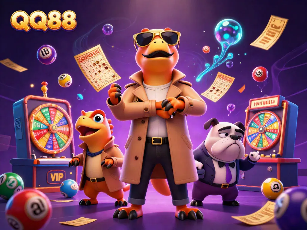 Experience the thrills of QQ88 with raptors in disguise entering a VIP casino lounge amidst vibrant lottery elements.