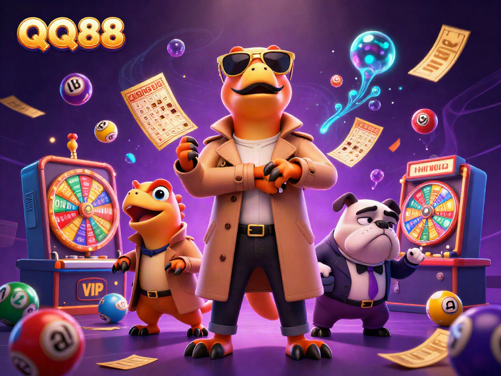 Experience the thrills of QQ88 with raptors in disguise entering a VIP casino lounge amidst vibrant lottery elements.