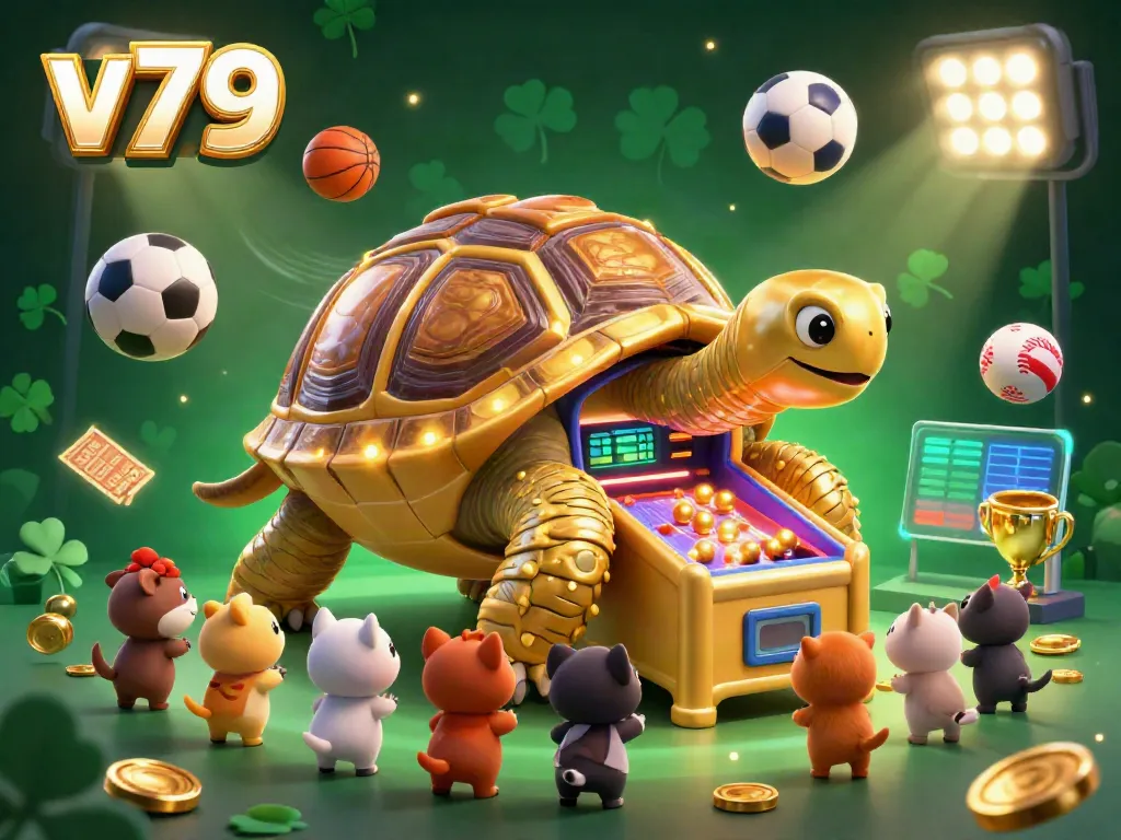 Engage with exciting games at v79’s vibrant casino scene featuring a golden tortoise pinball.