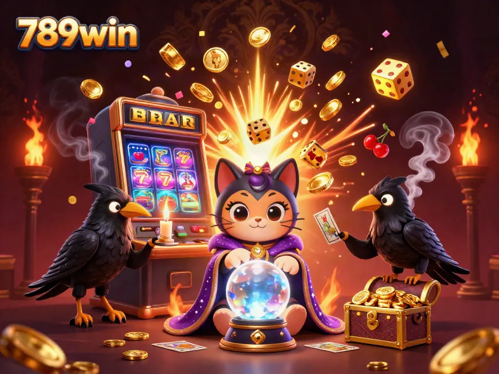 Engage with 789win’s vibrant casino magic featuring a mystical cat, raven, and slot machine chaos.
